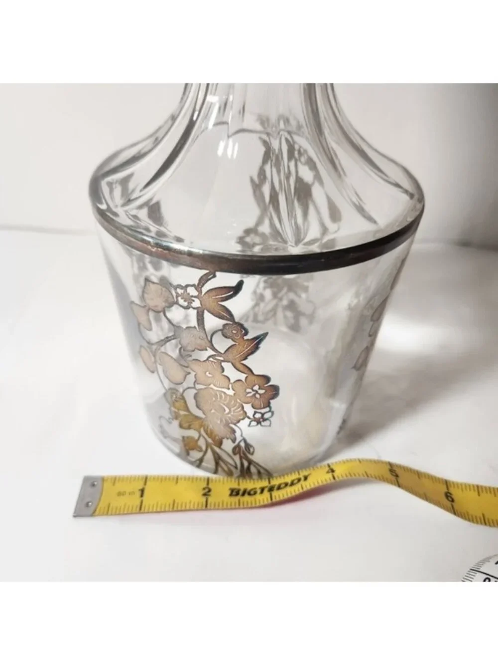 Vintage‎ Clear Glass Decanter Silver Floral Overlay with Faceted Stopper 9.5in